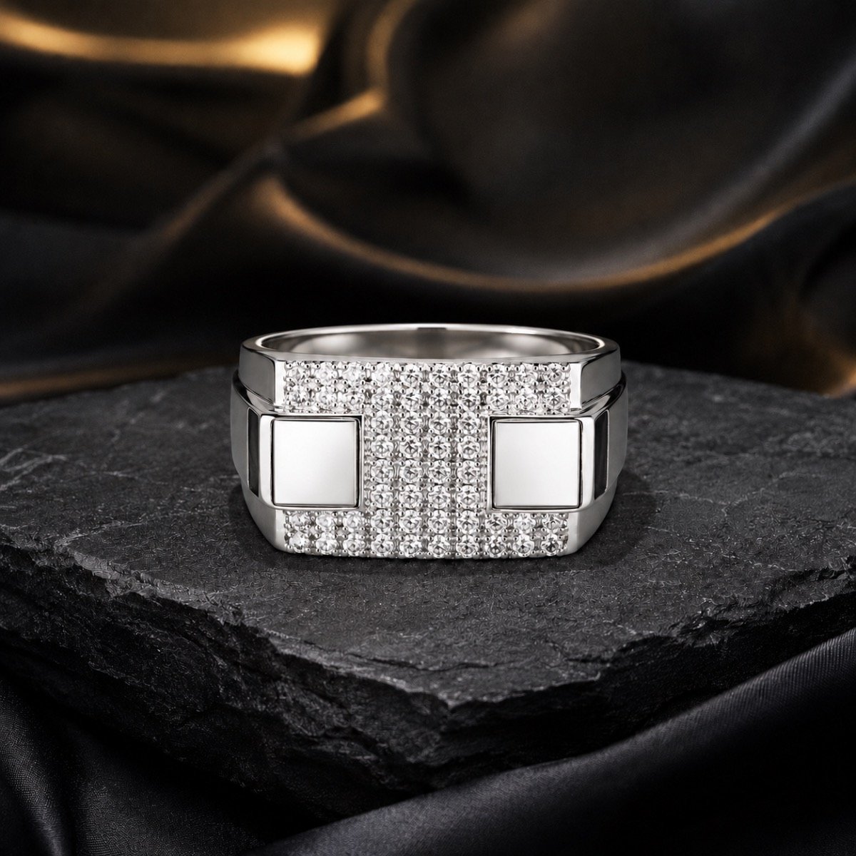 Mirror Twin Panel Pavé Silver Ring — 925 sterling silver rings