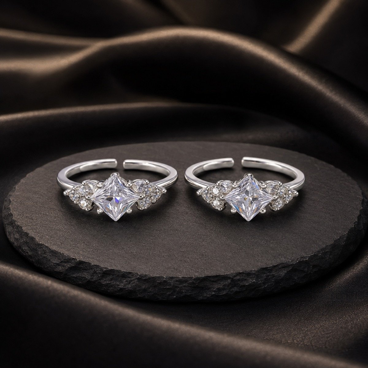 Princess-Cut Crystal Silver Toe Ring Pair — 925 sterling silver