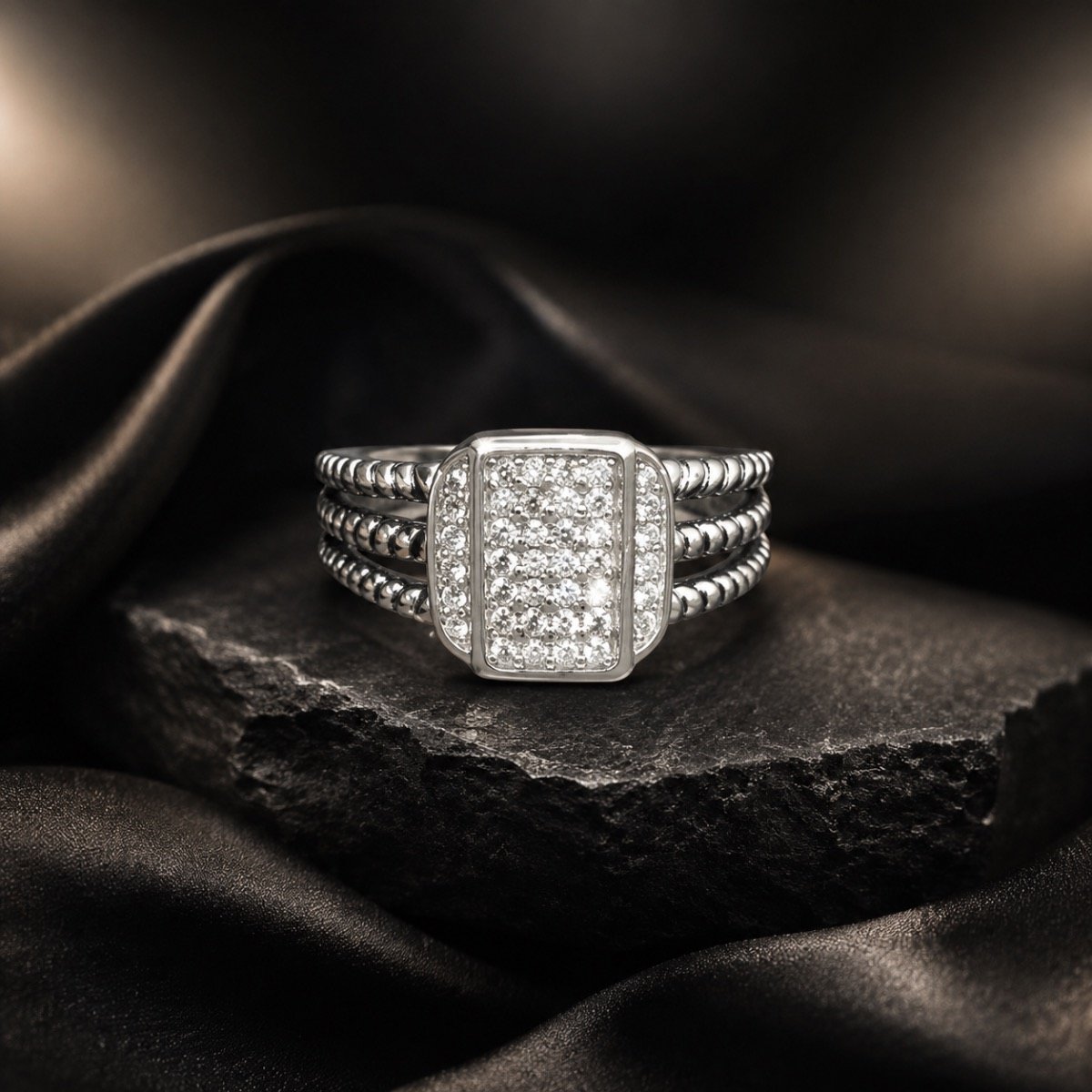 Regal Rectangular Pavé Silver Ring — 925 sterling silver rings