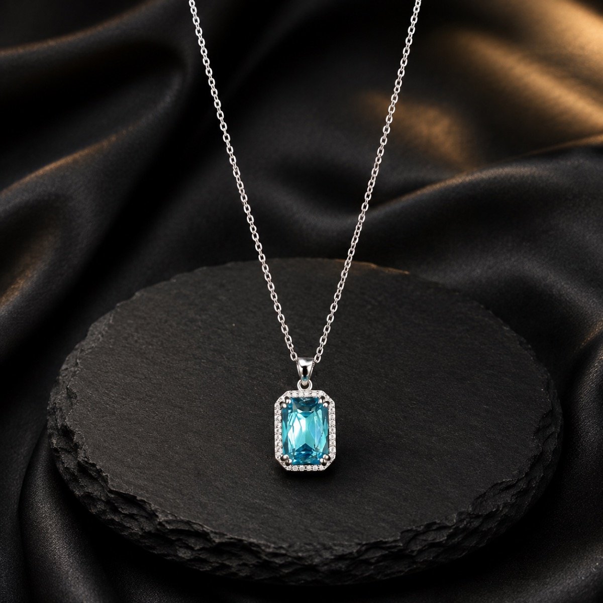 Aqua Radiance Halo Necklace — 925 sterling silver chaindokiya