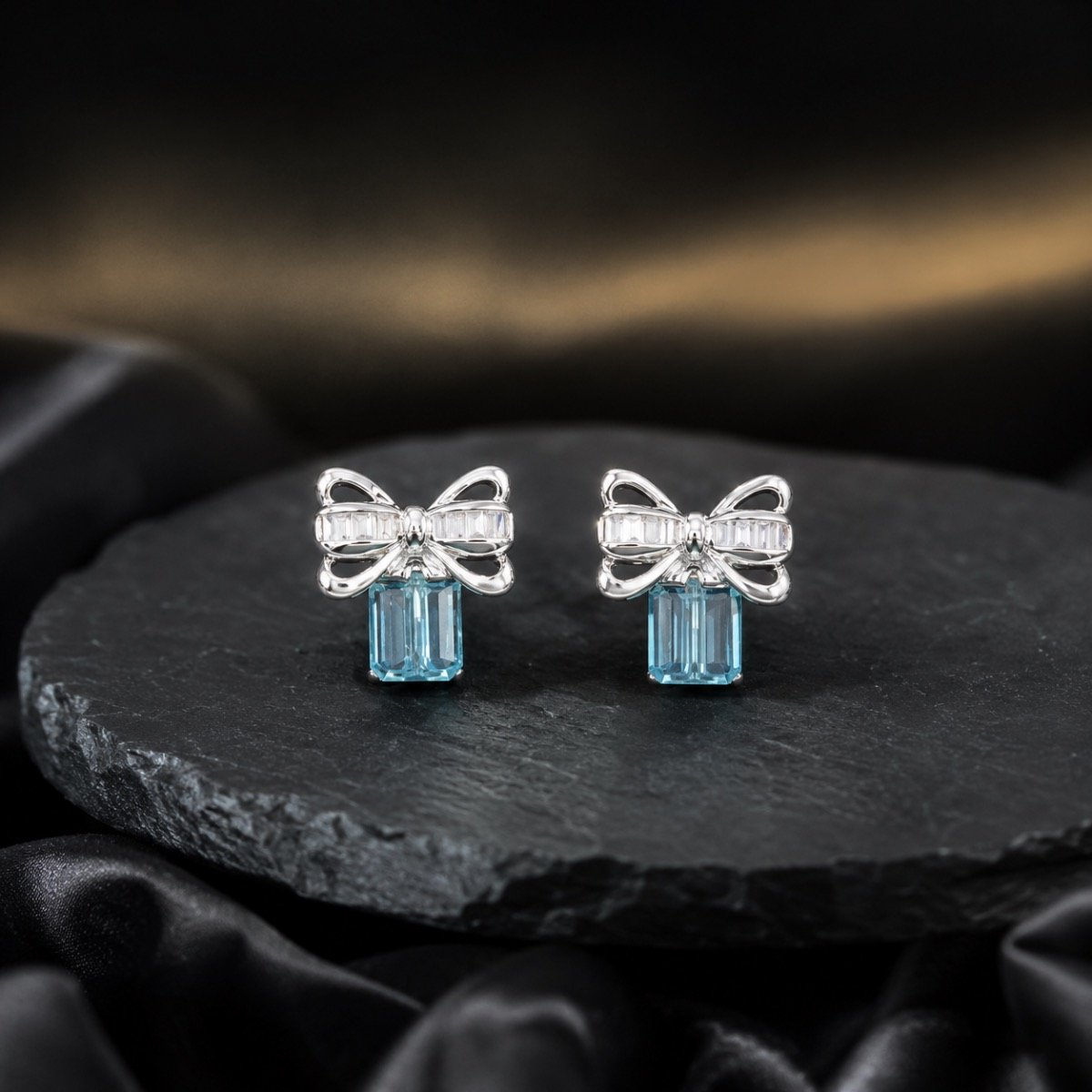 Blue Crystal Gift Bow Earrings — 925 sterling silver earrings