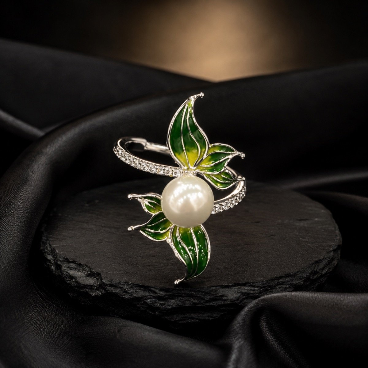 Evergreen Pearl Leaf Silver Ring — 925 sterling silver rings
