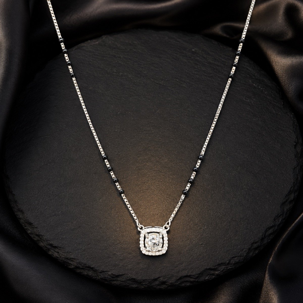Royal Cushion Halo Mangalsutra — 925 sterling silver mangalsutra
