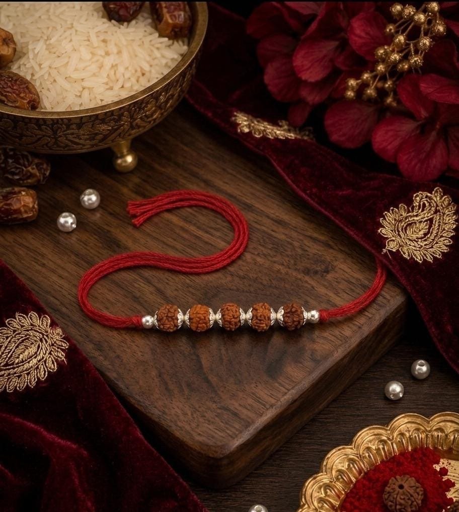 Panch Rudraksha Blessing Rakhi — 925 sterling silver rakhi