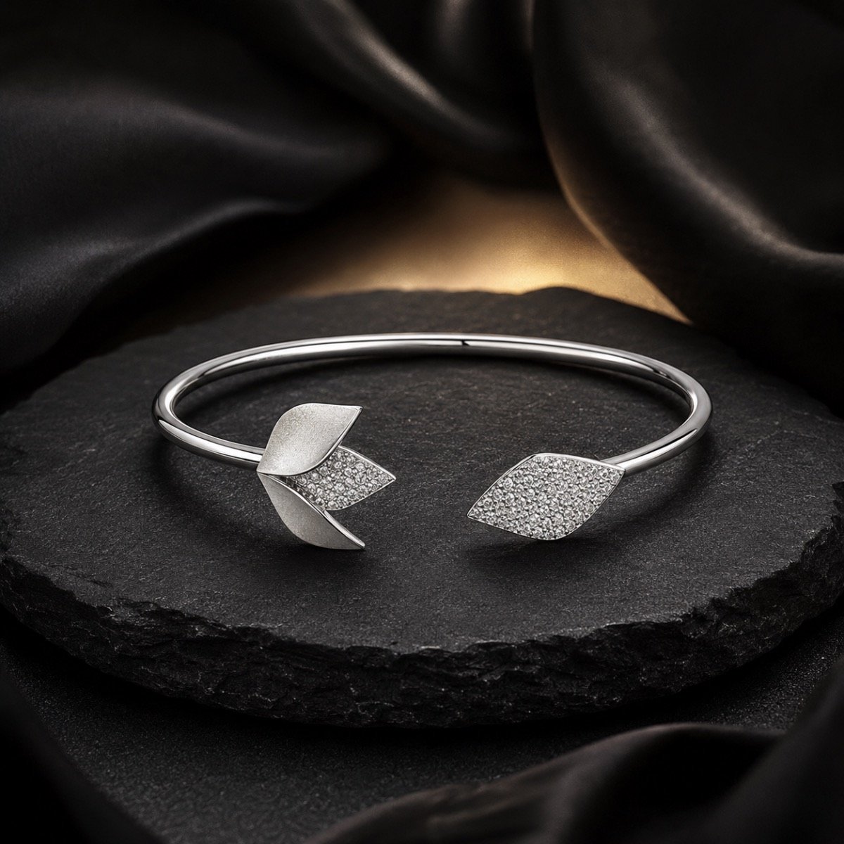 Celestia Leaf Crystal Cuff Bracelet — 925 sterling silver kada
