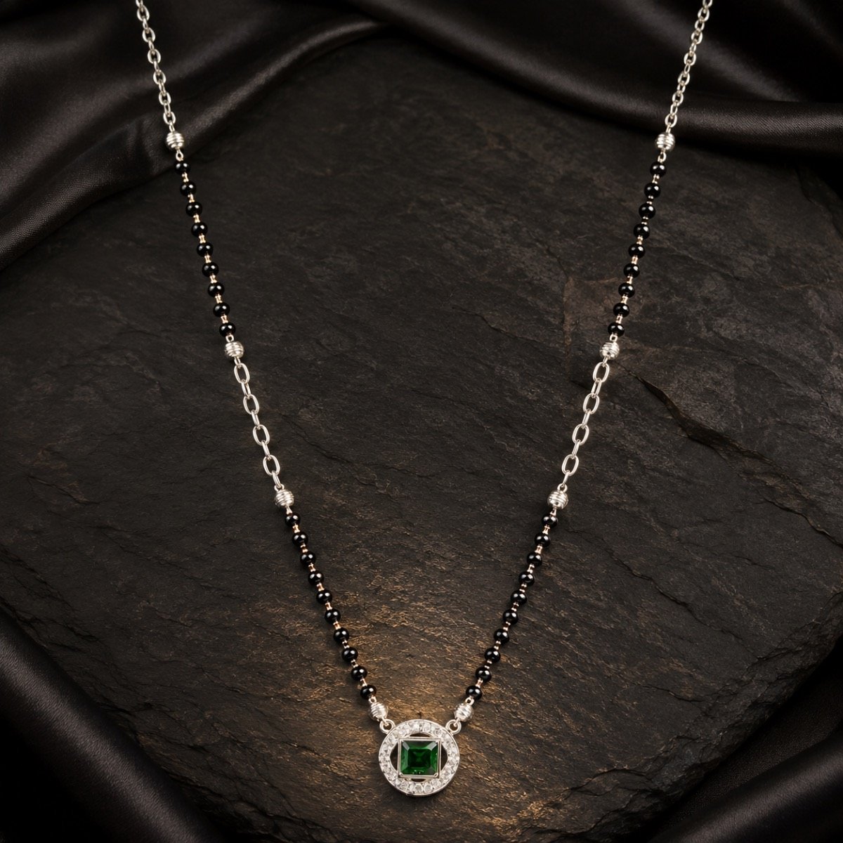 Emerald Orbit Halo Mangalsutra — 925 sterling silver