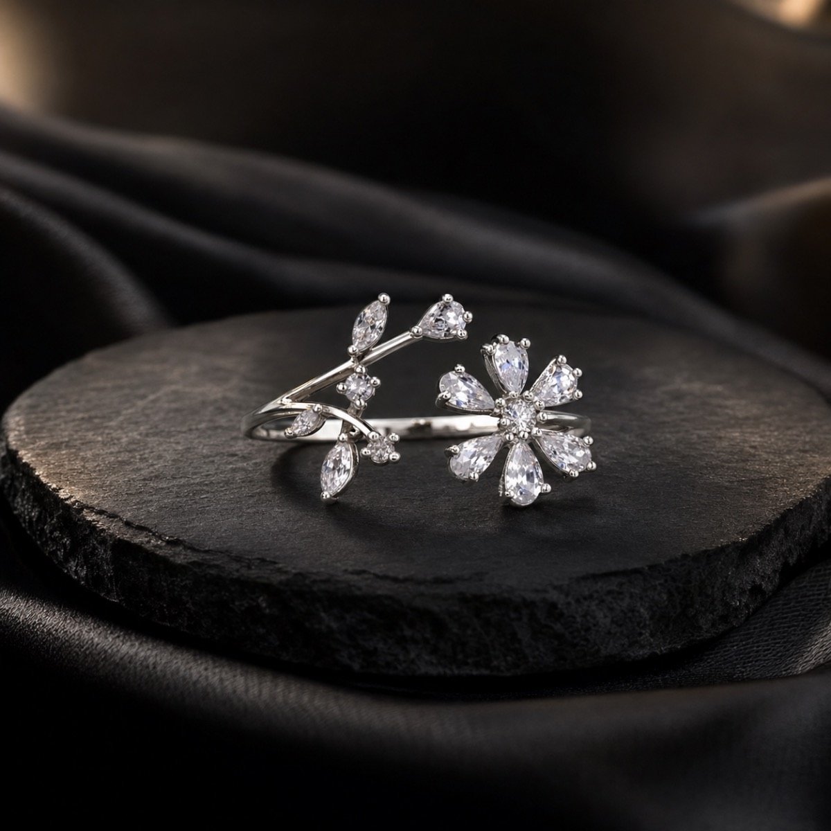 Crystal Blossom Branch Silver Ring — 925 sterling silver rings